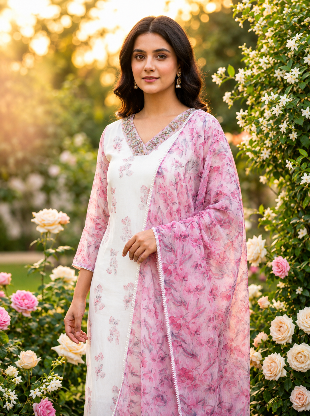 Noor Mehfil — white crepe suit with applique work and embroidered neckline — Ivory Hues, Indian ethnic wear Singapore