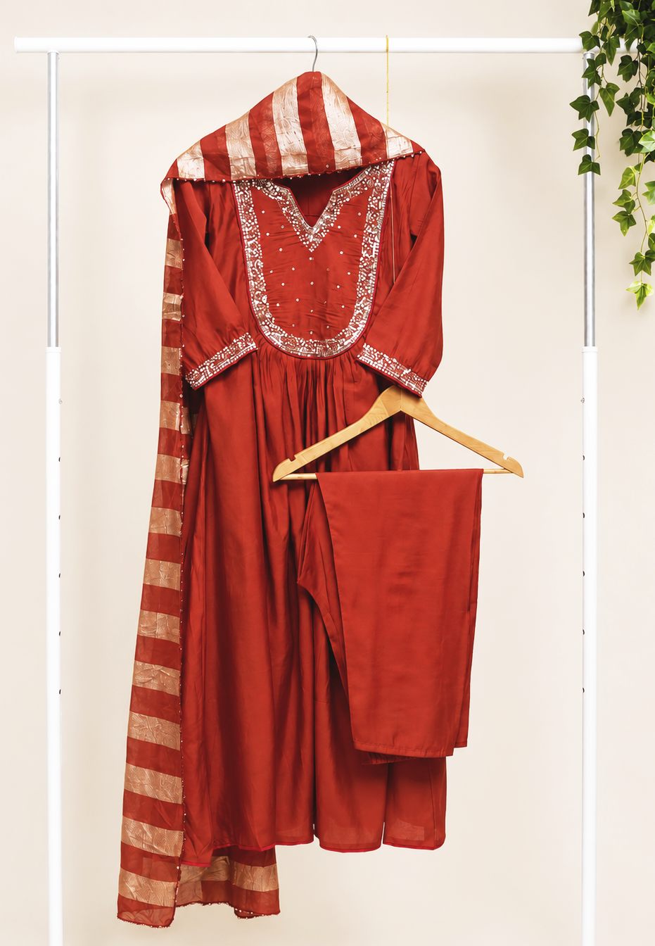 Noor Jwala — deep rust mul Chanderi suit with sequin-edged dupatta — Ivory Hues, Indian ethnic wear Singapore