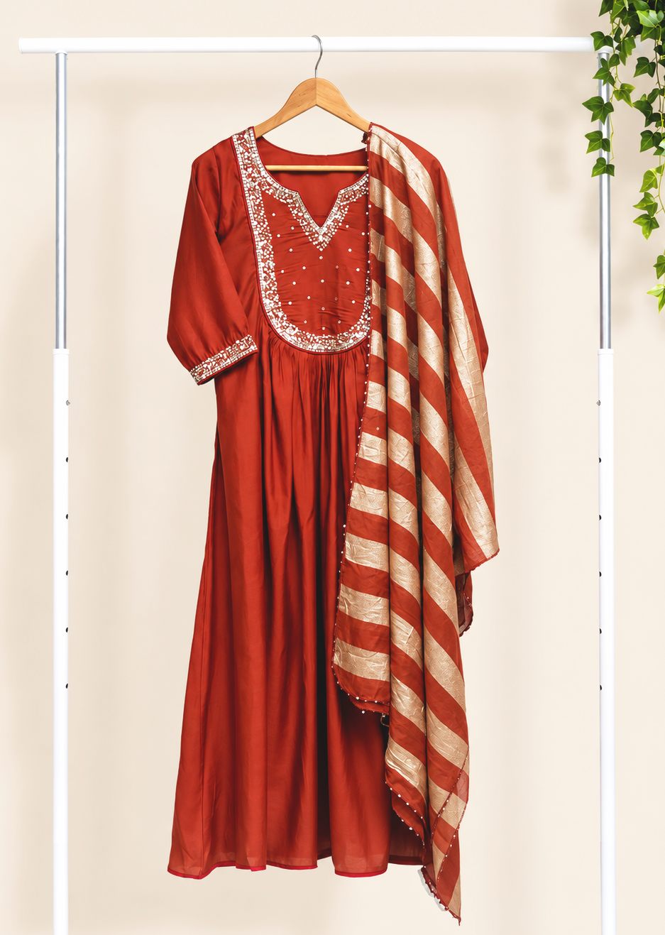 Noor Jwala — deep rust mul Chanderi suit with sequin-edged dupatta — Ivory Hues, Indian ethnic wear Singapore