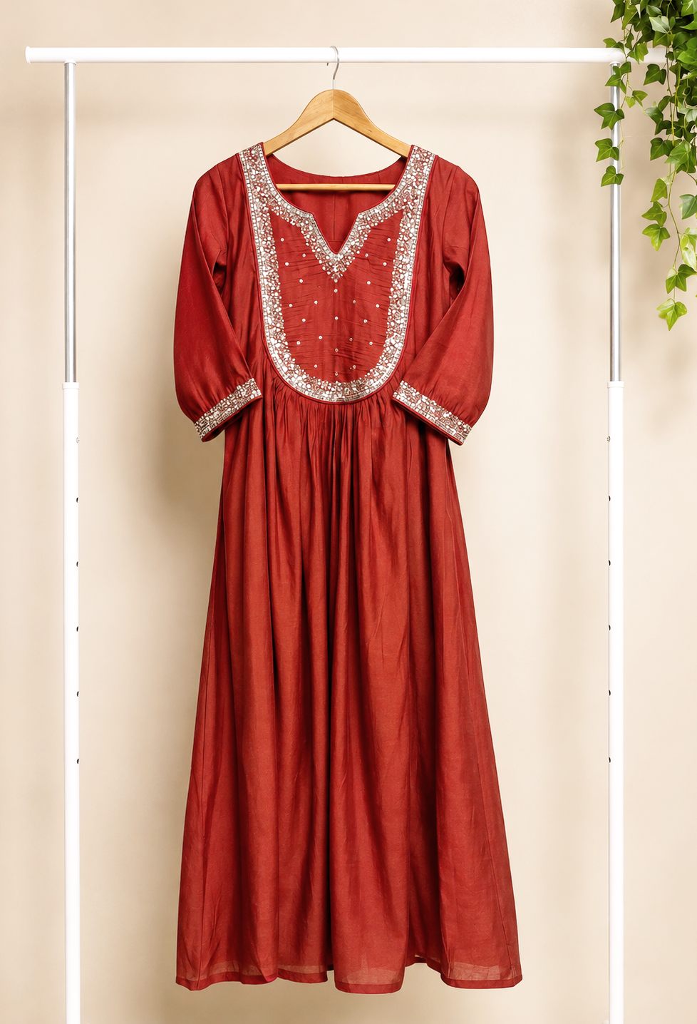 Noor Jwala — deep rust mul Chanderi suit with sequin-edged dupatta — Ivory Hues, Indian ethnic wear Singapore