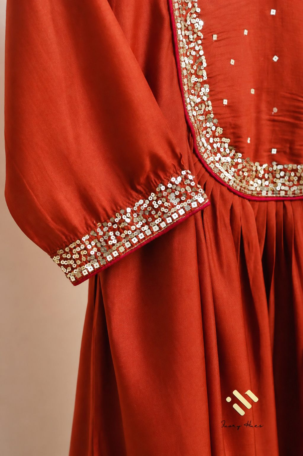Noor Jwala — deep rust mul Chanderi suit with sequin-edged dupatta — Ivory Hues, Indian ethnic wear Singapore