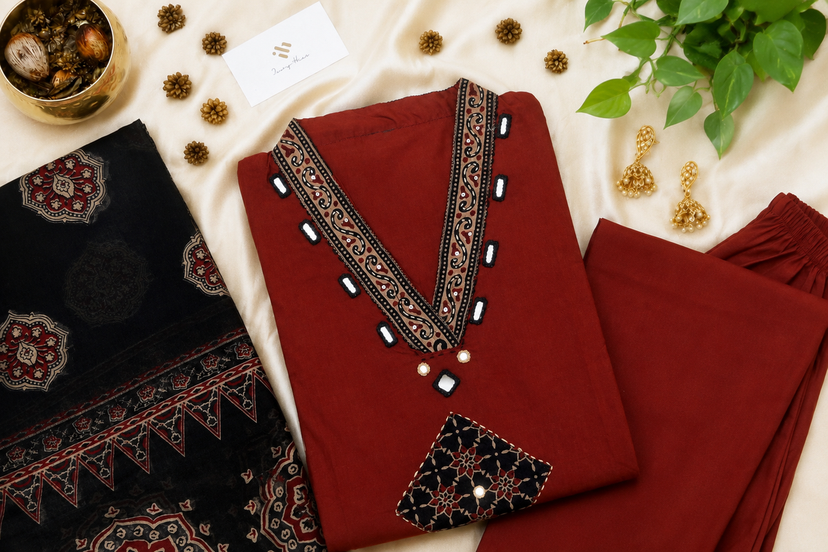 Anokhi Lata — red and black cotton suit with applique and mirror embellishment — Ivory Hues, Indian ethnic wear Singapore