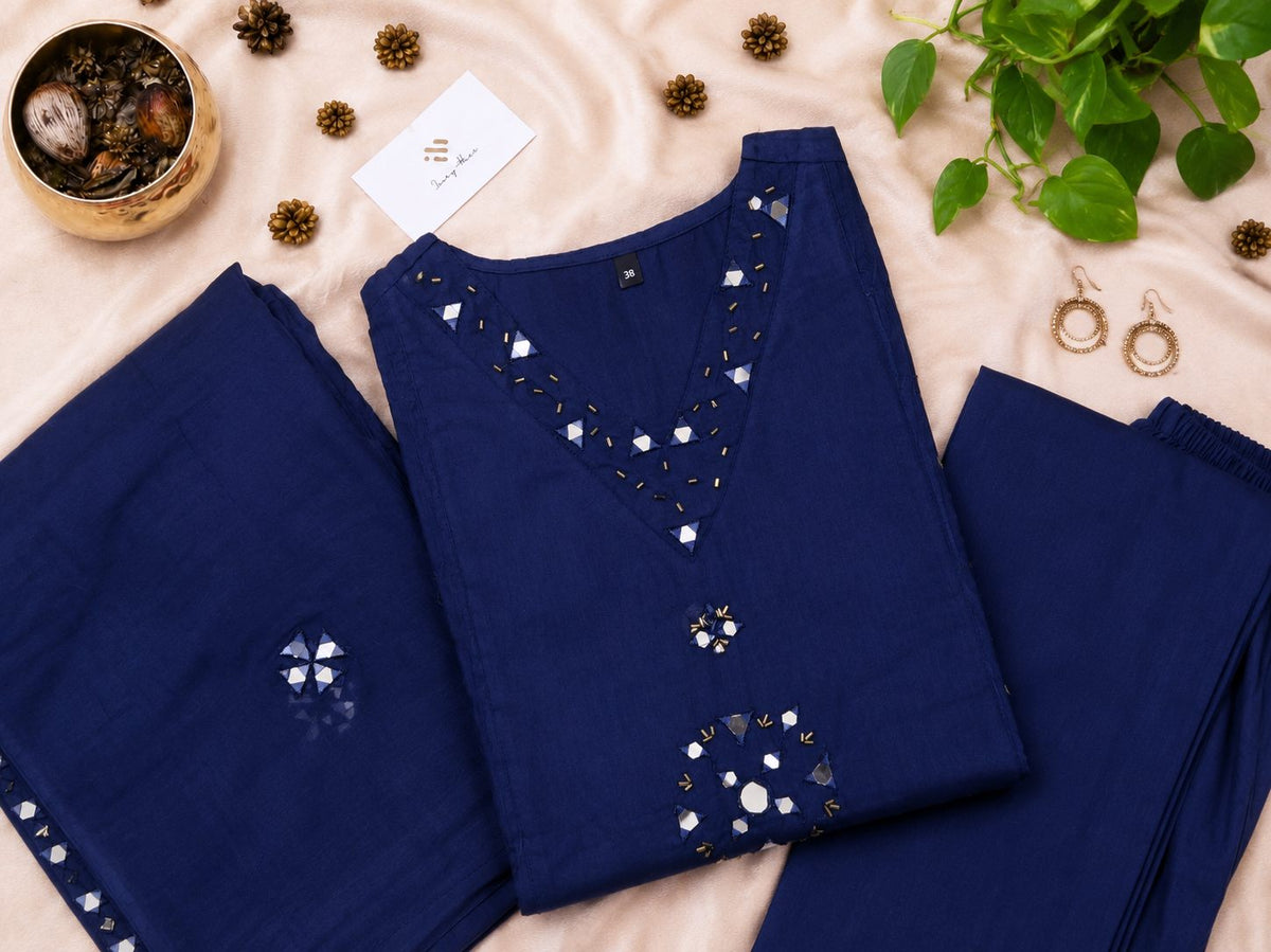 Anokhi Aaina — navy blue mul cotton suit with mirror and bead detailing — Ivory Hues, Indian ethnic wear Singapore