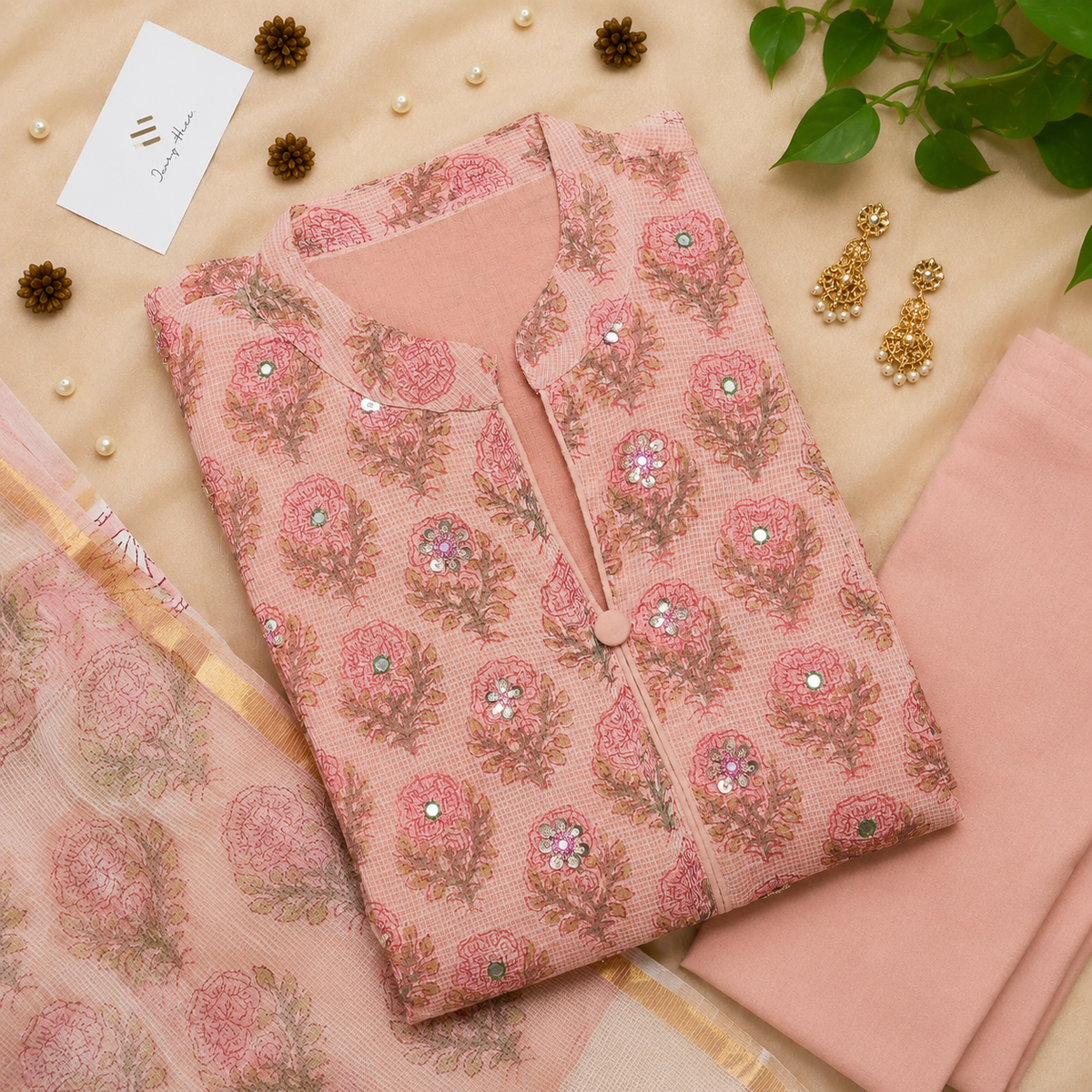 Kota Kainaat Aaliya — peach Kota doria suit with floral handblock print — Ivory Hues, Indian ethnic wear Singapore