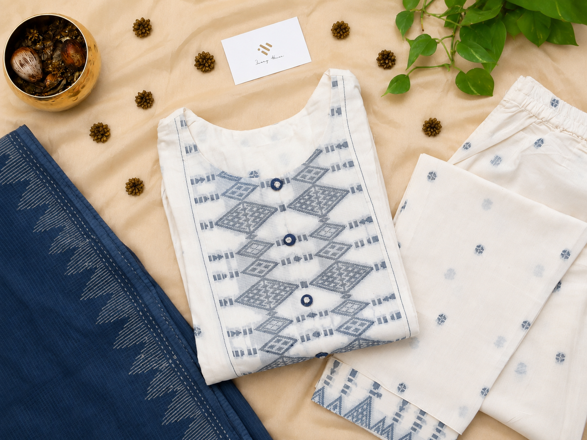 Malhar Resham — white and blue Jamdani suit with temple motif dupatta — Ivory Hues, Indian ethnic wear Singapore