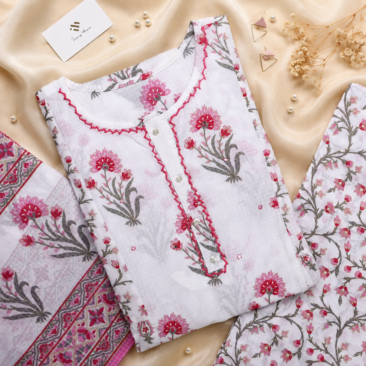 Malhar Roohi — cotton suit with pink floral print and palazzo pants — Ivory Hues, Indian ethnic wear Singapore