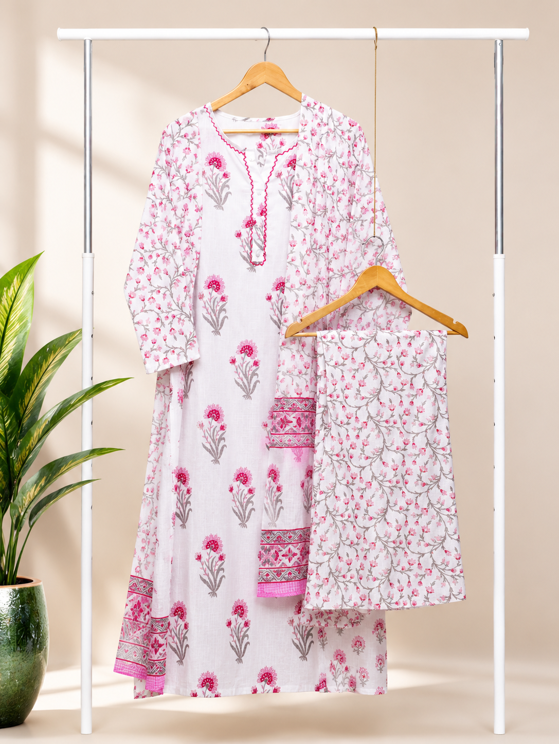 Malhar Roohi — cotton suit with pink floral print and palazzo pants — Ivory Hues, Indian ethnic wear Singapore