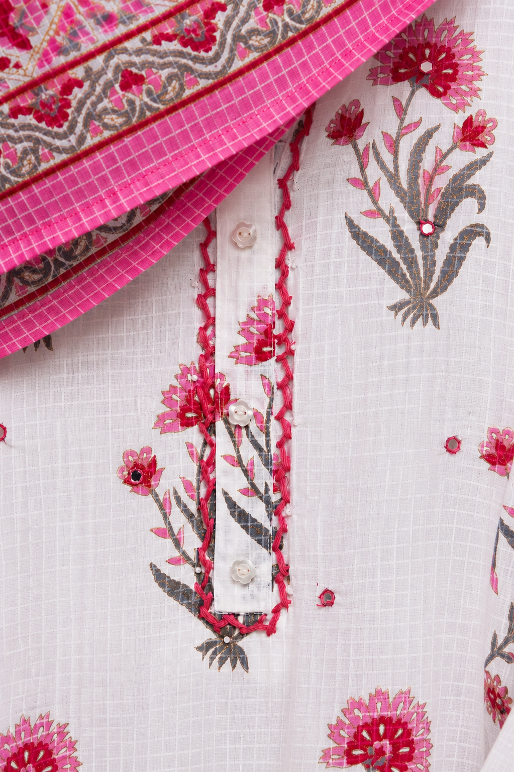 Malhar Roohi — cotton suit with pink floral print and palazzo pants — Ivory Hues, Indian ethnic wear Singapore