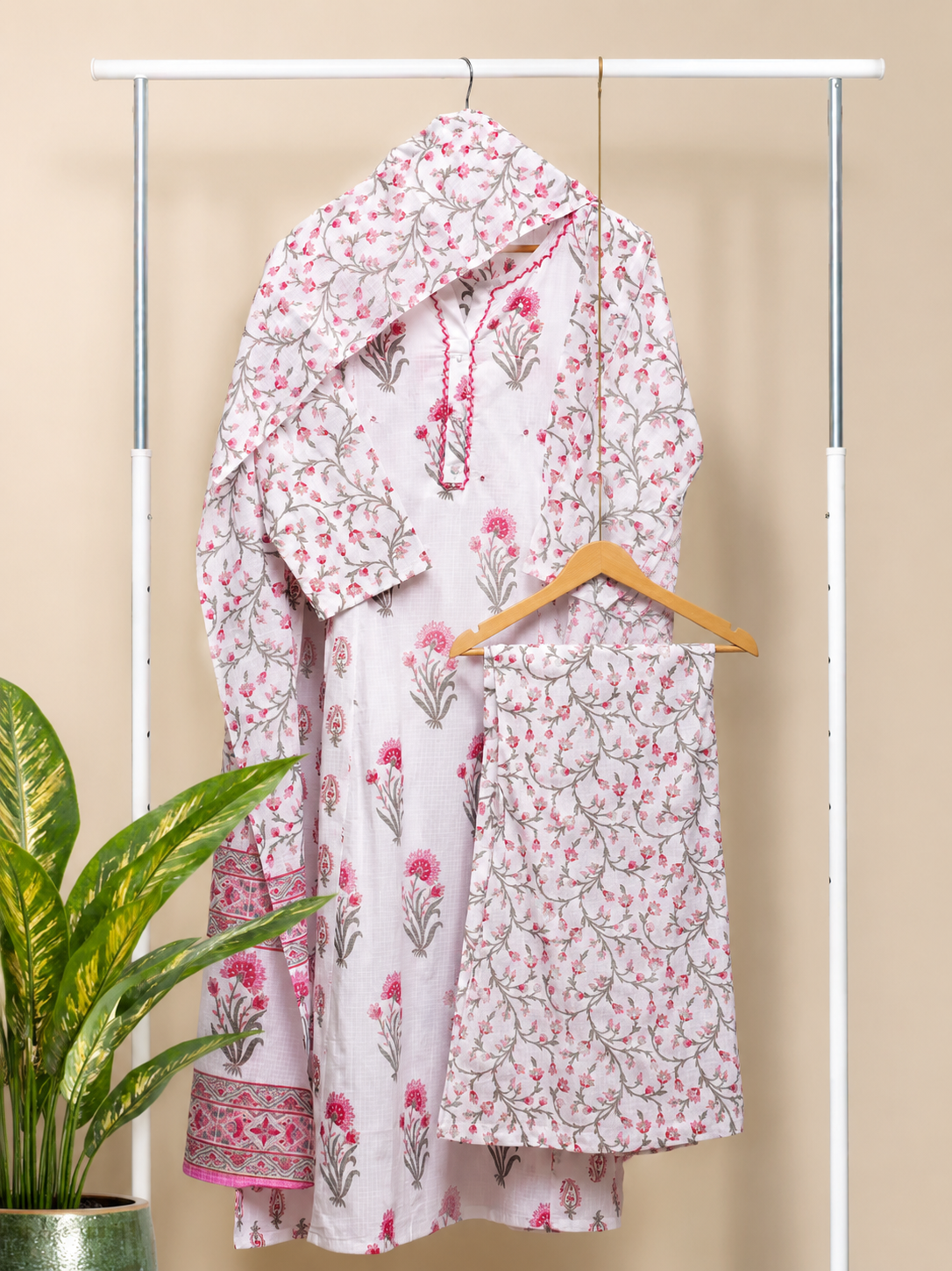 Malhar Roohi — cotton suit with pink floral print and palazzo pants — Ivory Hues, Indian ethnic wear Singapore