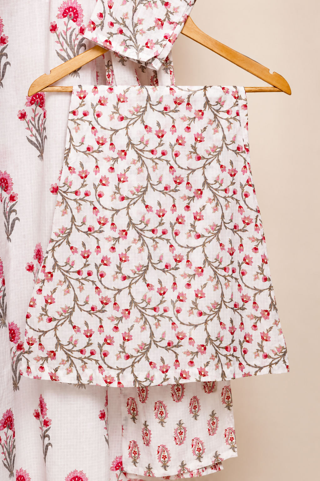 Malhar Roohi — cotton suit with pink floral print and palazzo pants — Ivory Hues, Indian ethnic wear Singapore