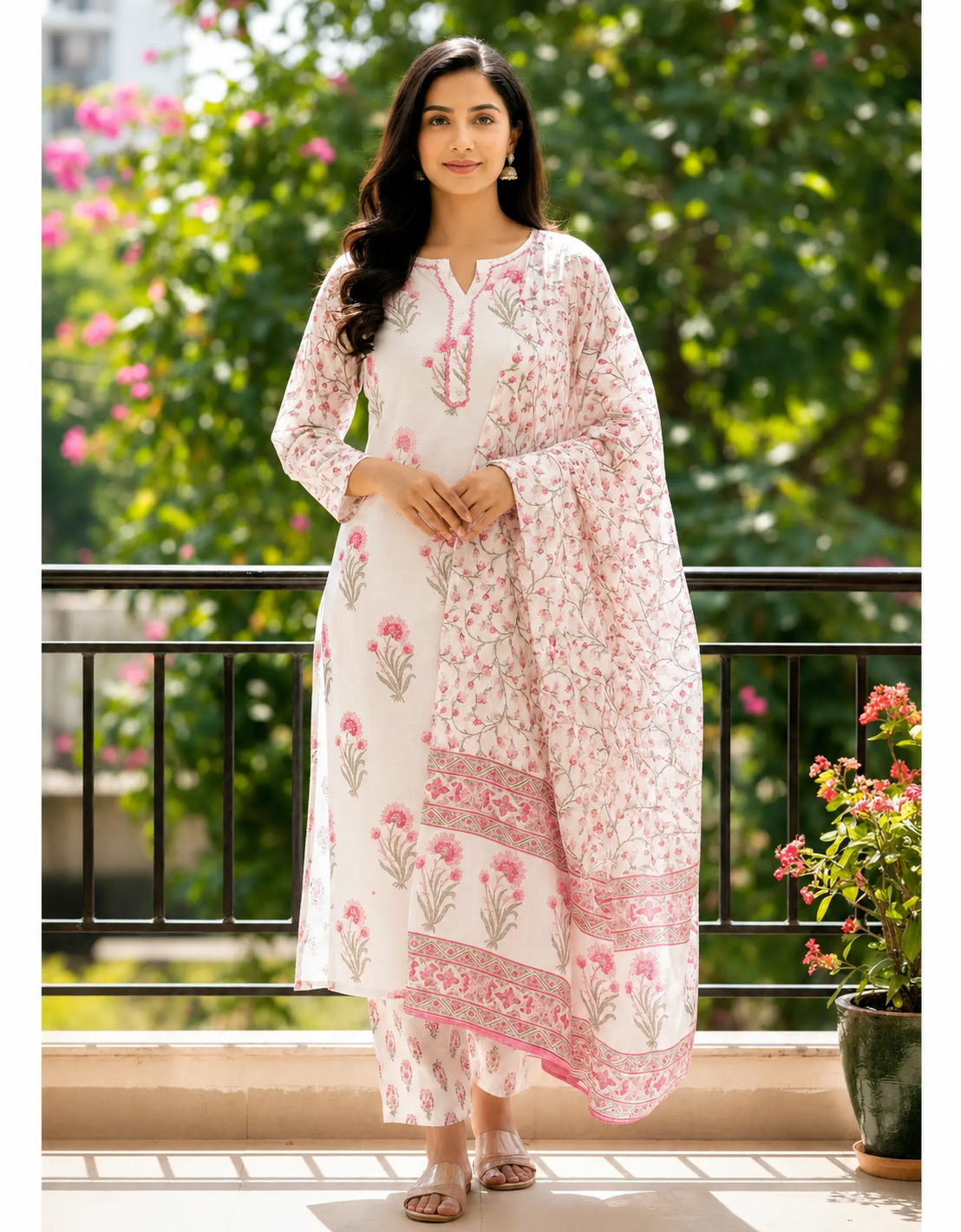 Malhar Roohi — cotton suit with pink floral print and palazzo pants — Ivory Hues, Indian ethnic wear Singapore