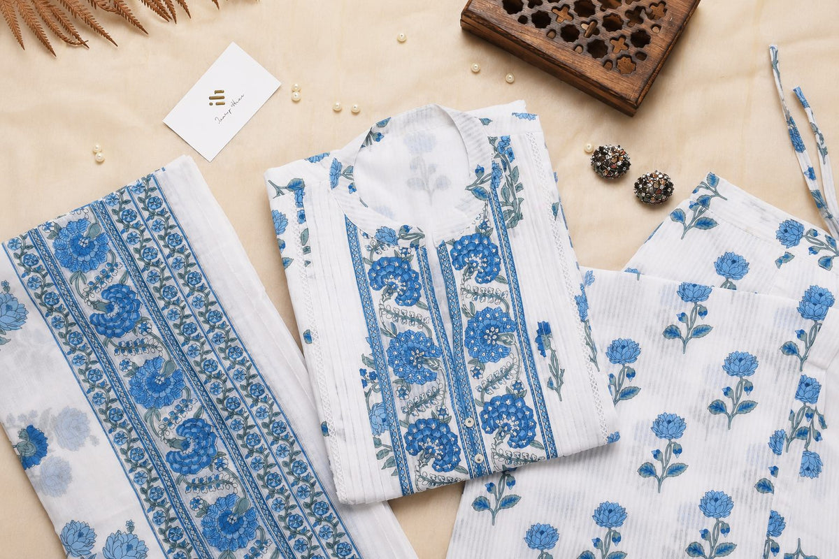Malhar Boond — white and blue cotton suit with handblock prints — Ivory Hues, Indian ethnic wear Singapore