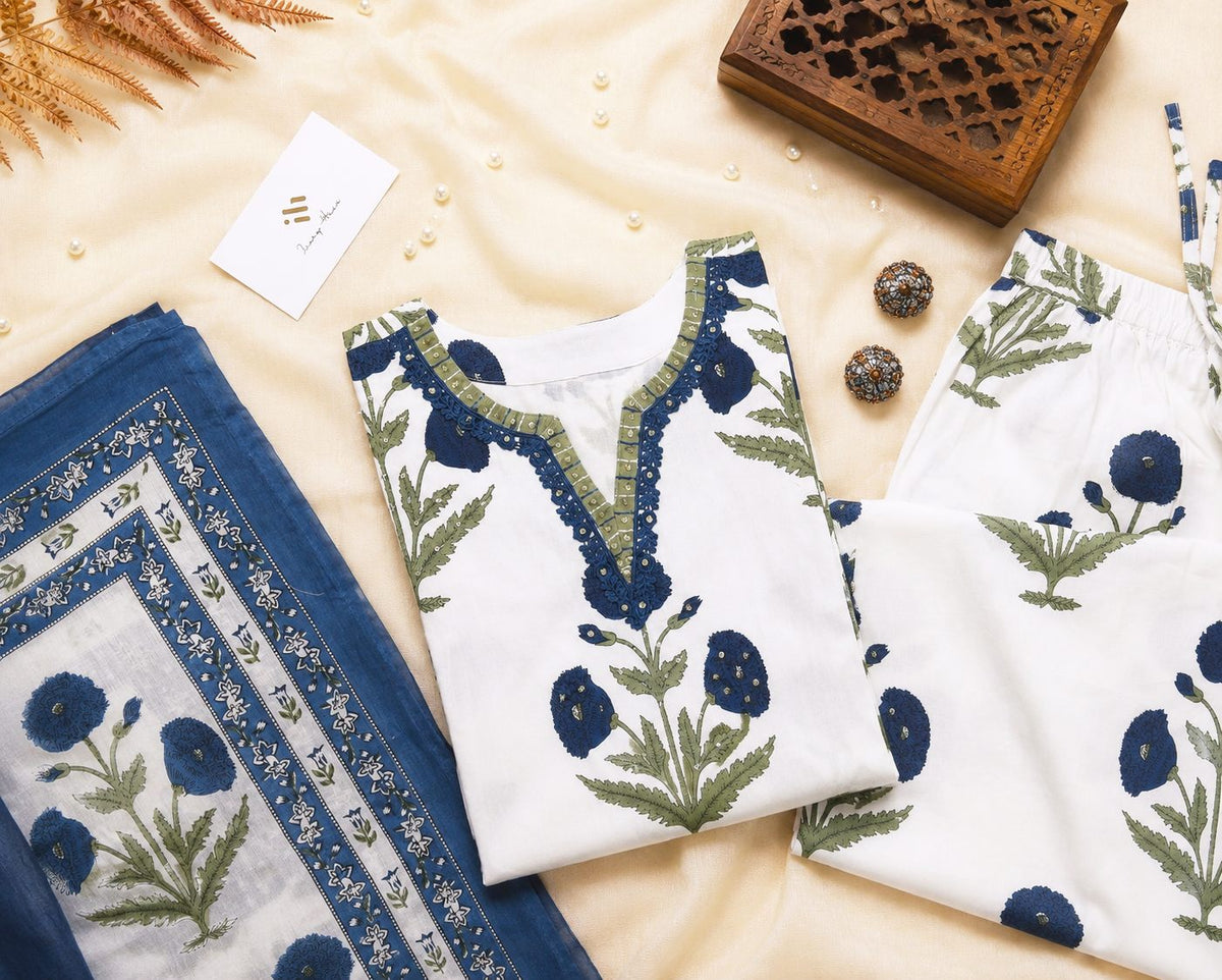 Malhar Sagar — white cotton suit set with Mughal handblock butta prints — Ivory Hues, Indian ethnic wear Singapore