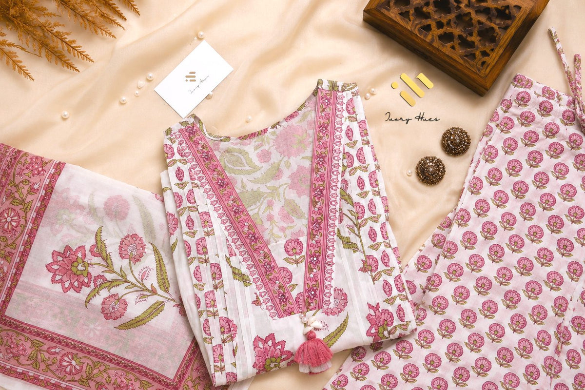 Malhar Megh — white cotton suit with pink and green handblock prints — Ivory Hues, Indian ethnic wear Singapore