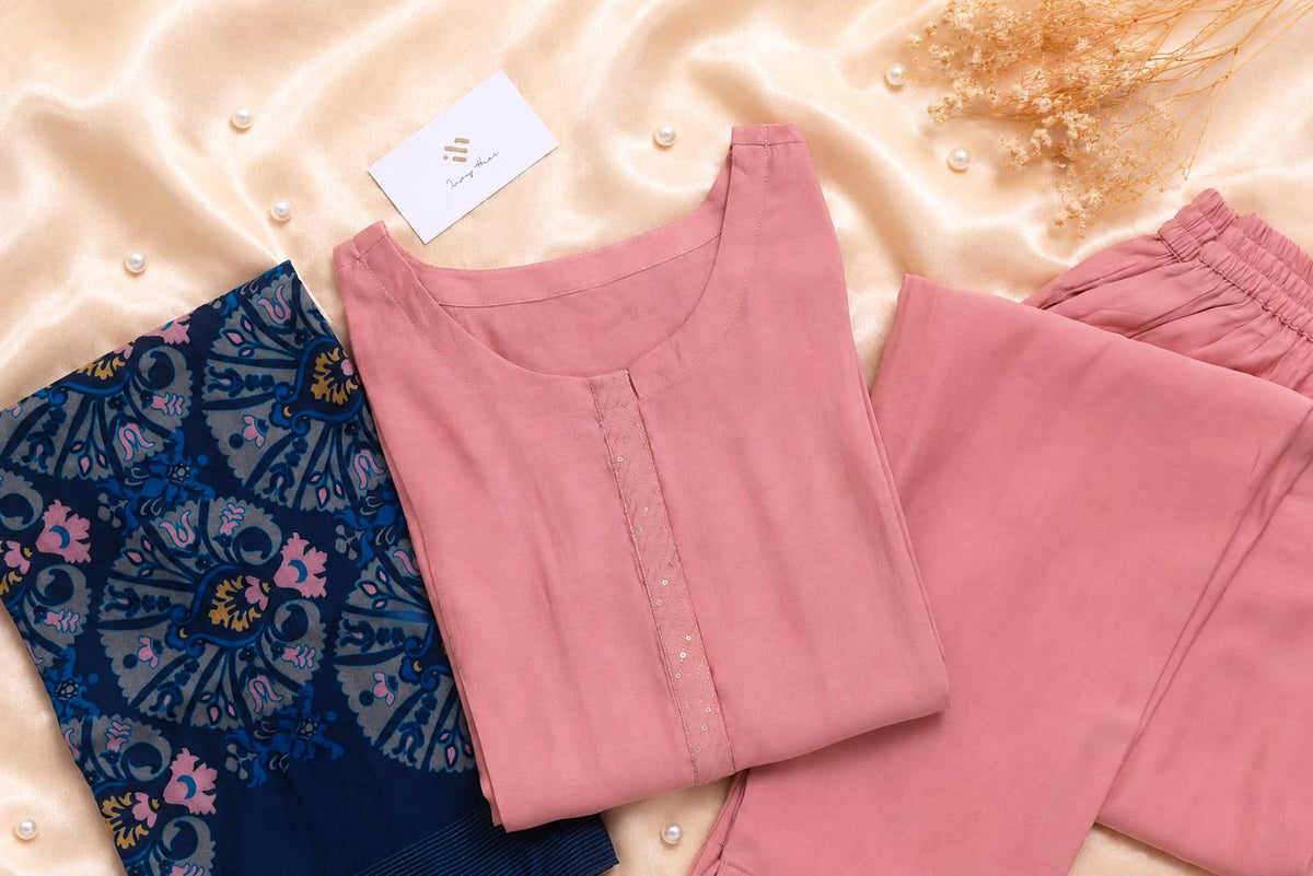 Noor Jahan — salmon suit set with digital-print contrast dupatta — Ivory Hues, Indian ethnic wear Singapore