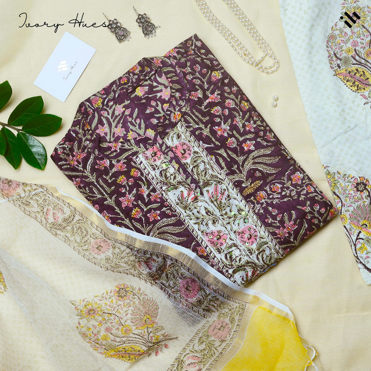 Kota Kainaat Falak — purple aubergine handblock-print suit with Kota doria dupatta — Ivory Hues, Indian ethnic wear Singapore