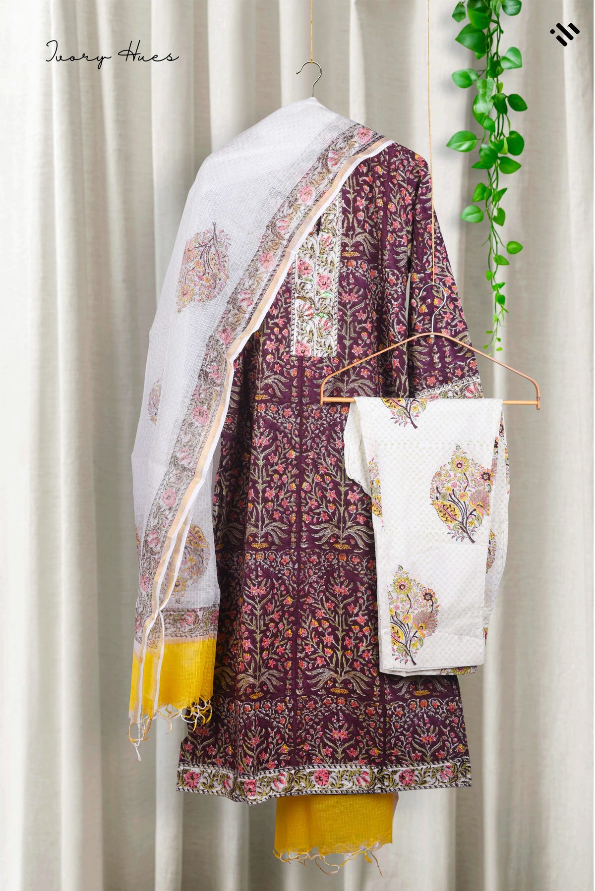 Kota Kainaat Falak — purple aubergine handblock-print suit with Kota doria dupatta — Ivory Hues, Indian ethnic wear Singapore