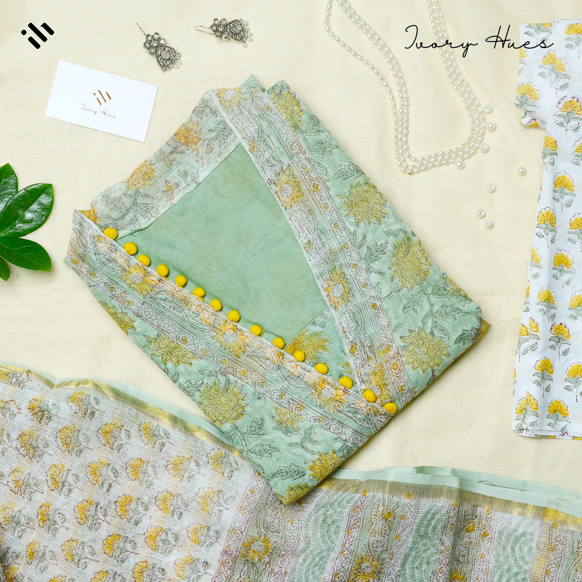 Kota Kainaat Hoor — mint green Kota doria suit with contrast potli buttons — Ivory Hues, Indian ethnic wear Singapore