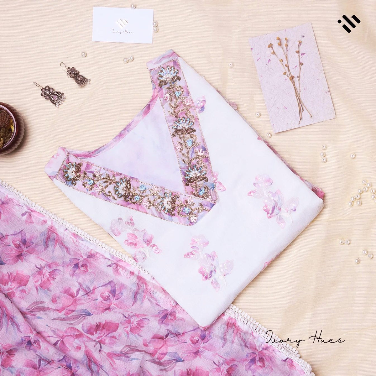 Noor Mehfil — white crepe suit with applique work and embroidered neckline — Ivory Hues, Indian ethnic wear Singapore
