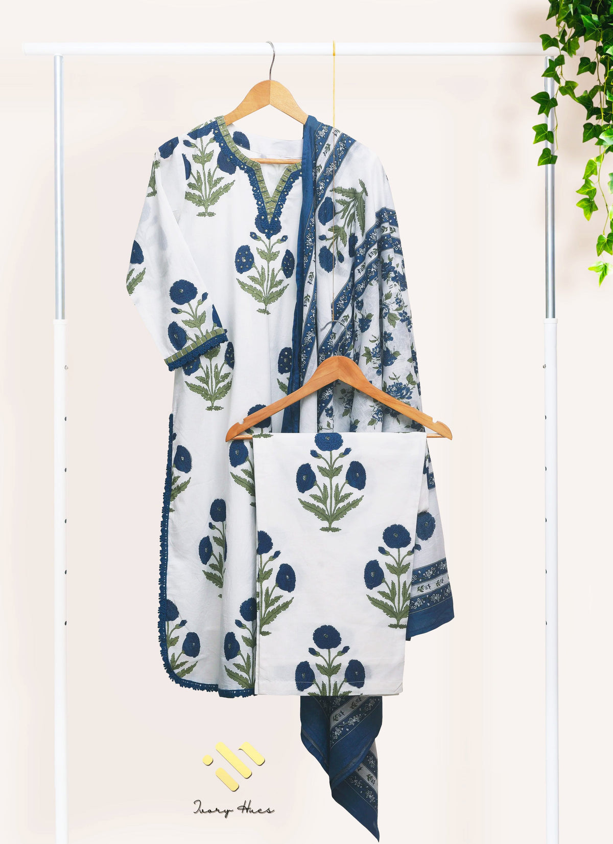 Malhar Sagar — white cotton suit set with Mughal handblock butta prints — Ivory Hues, Indian ethnic wear Singapore