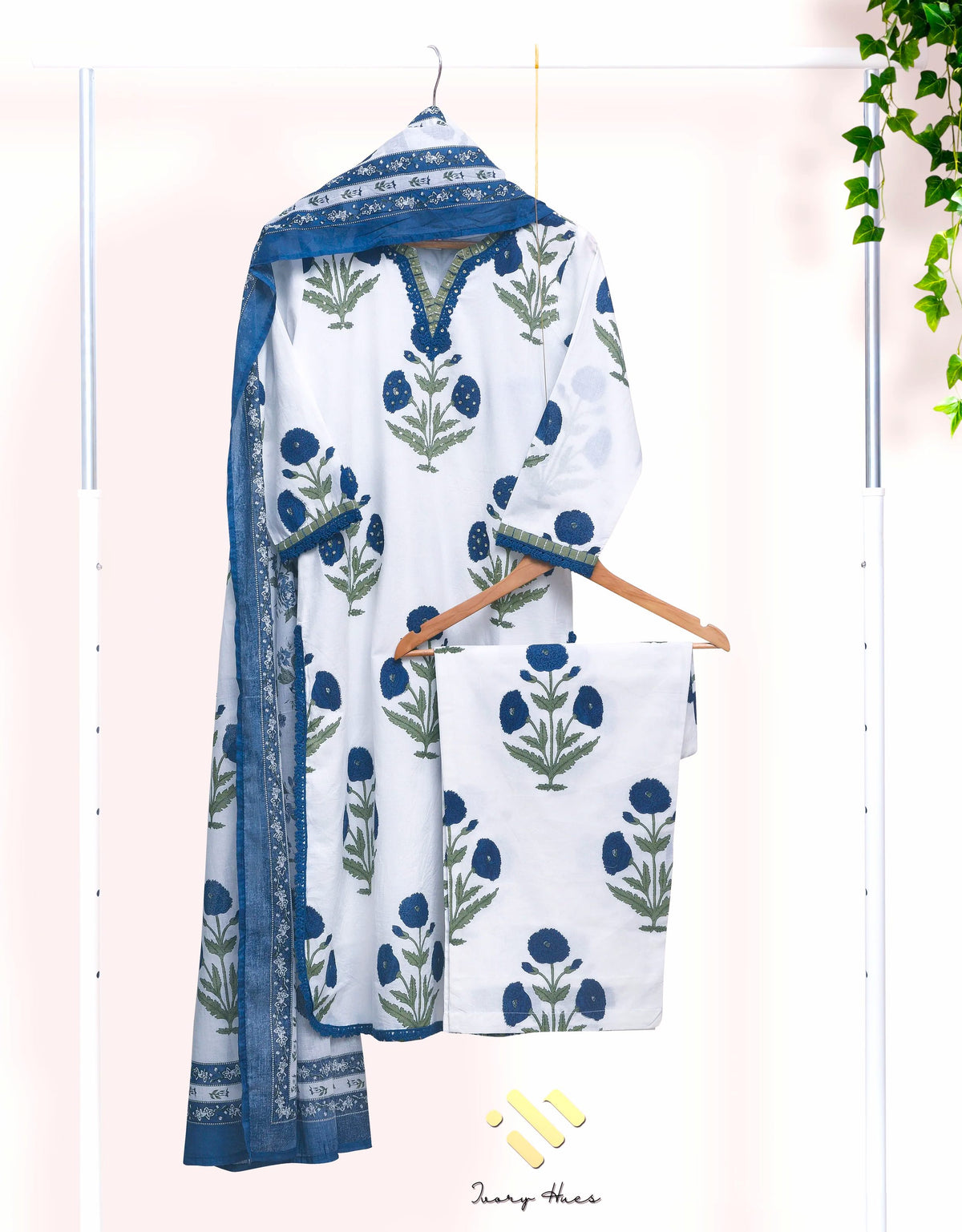 Malhar Sagar — white cotton suit set with Mughal handblock butta prints — Ivory Hues, Indian ethnic wear Singapore