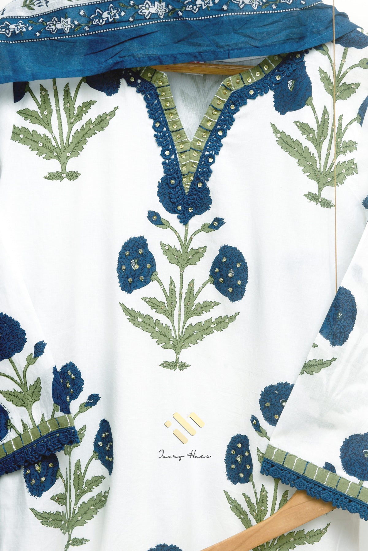 Malhar Sagar — white cotton suit set with Mughal handblock butta prints — Ivory Hues, Indian ethnic wear Singapore
