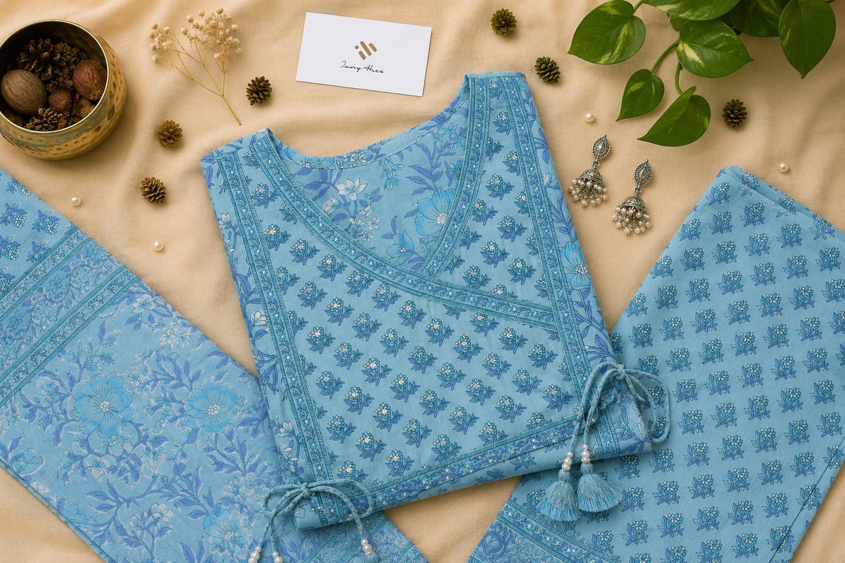 Anokhi Aasman — pastel blue cotton suit with embellished yoke border — Ivory Hues, Indian ethnic wear Singapore