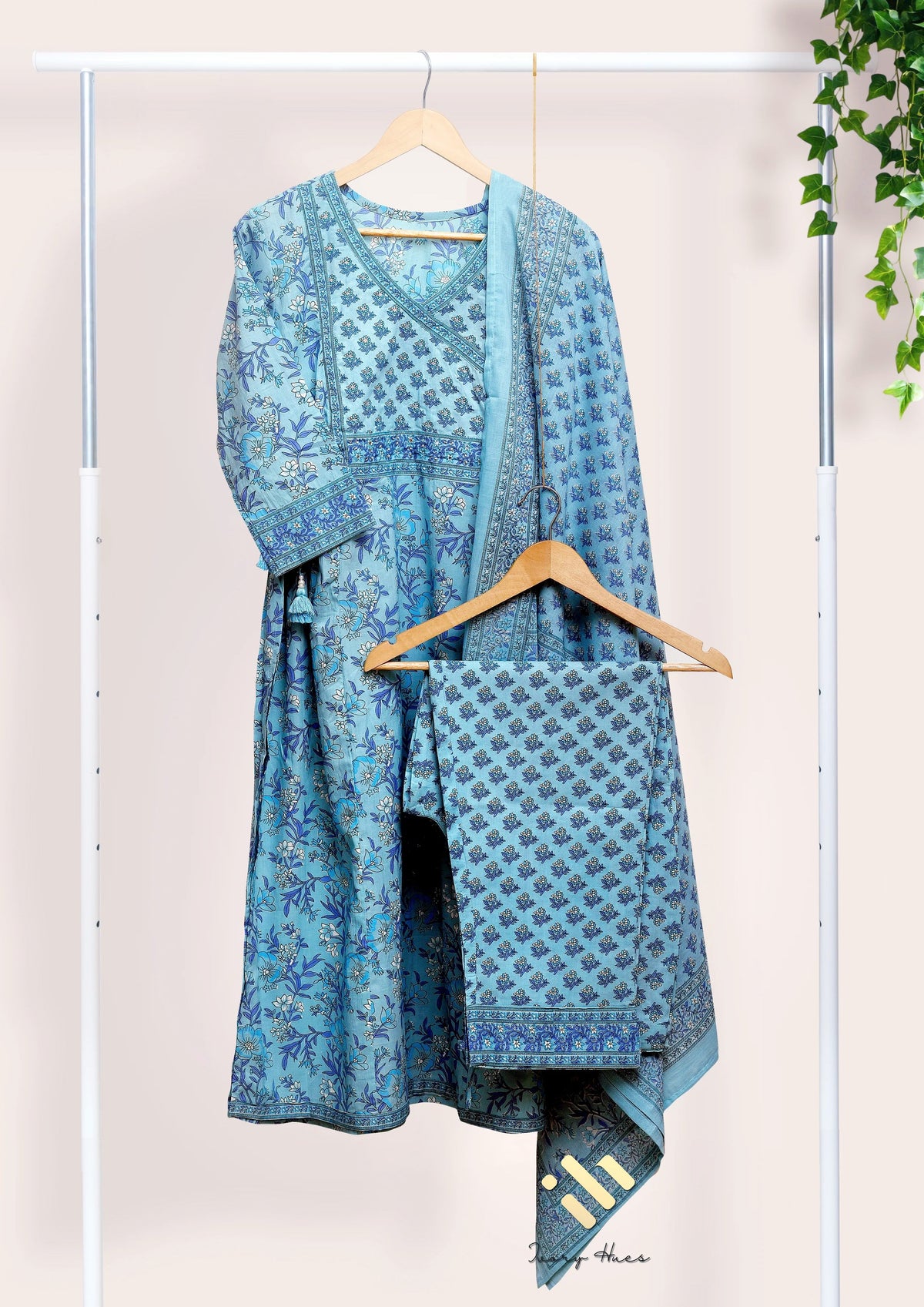 Anokhi Aasman — pastel blue cotton suit with embellished yoke border — Ivory Hues, Indian ethnic wear Singapore