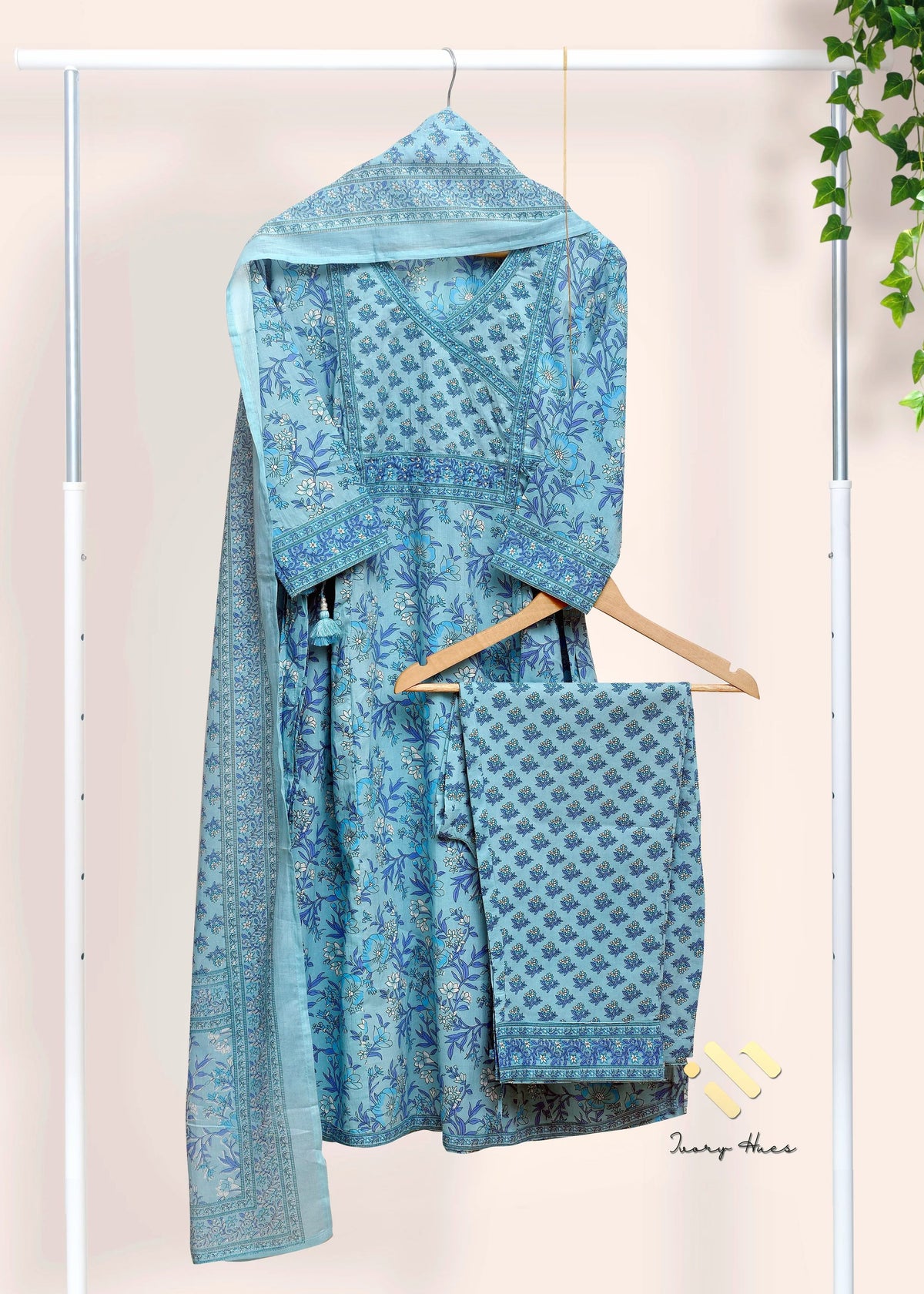 Anokhi Aasman — pastel blue cotton suit with embellished yoke border — Ivory Hues, Indian ethnic wear Singapore