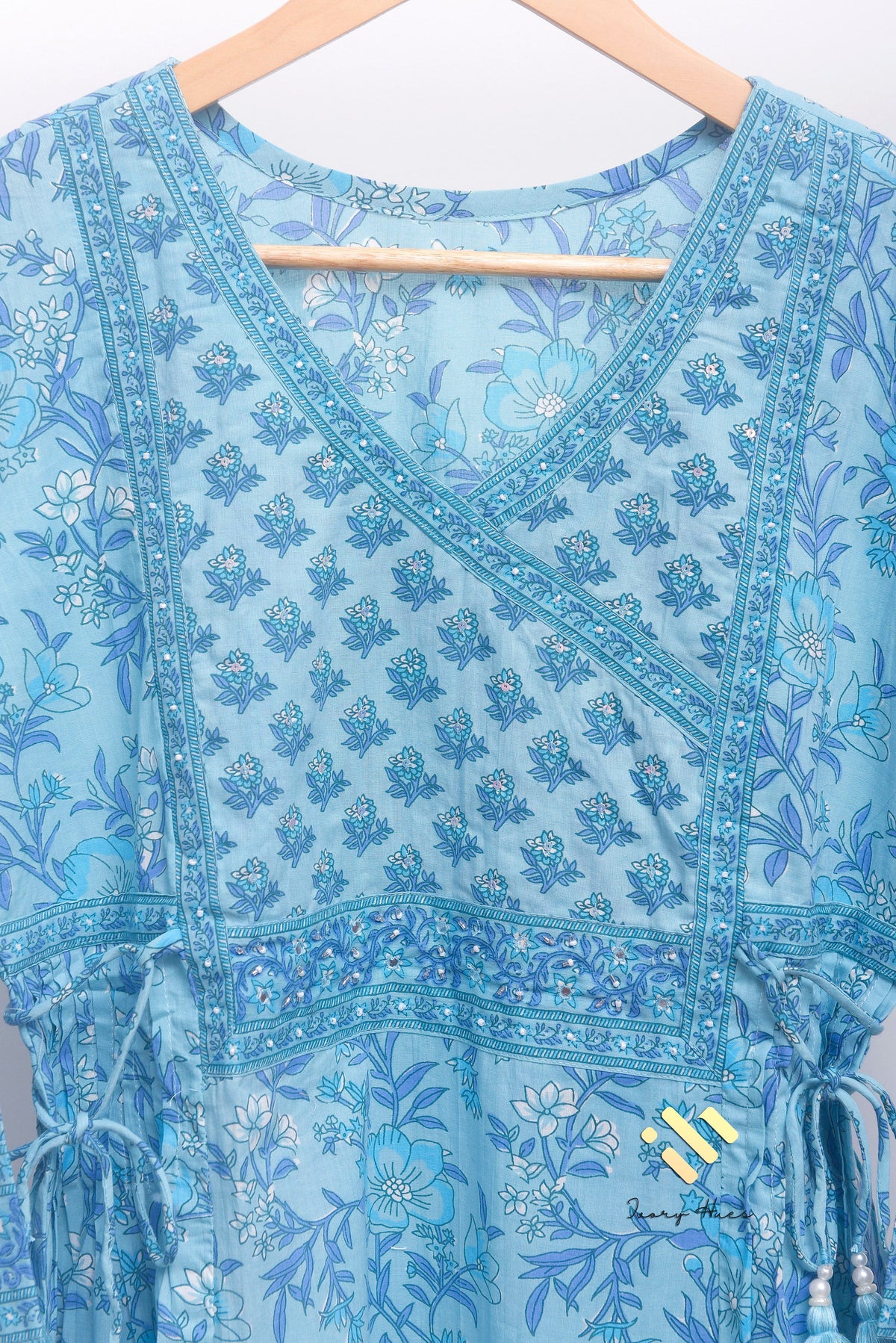 Anokhi Aasman — pastel blue cotton suit with embellished yoke border — Ivory Hues, Indian ethnic wear Singapore