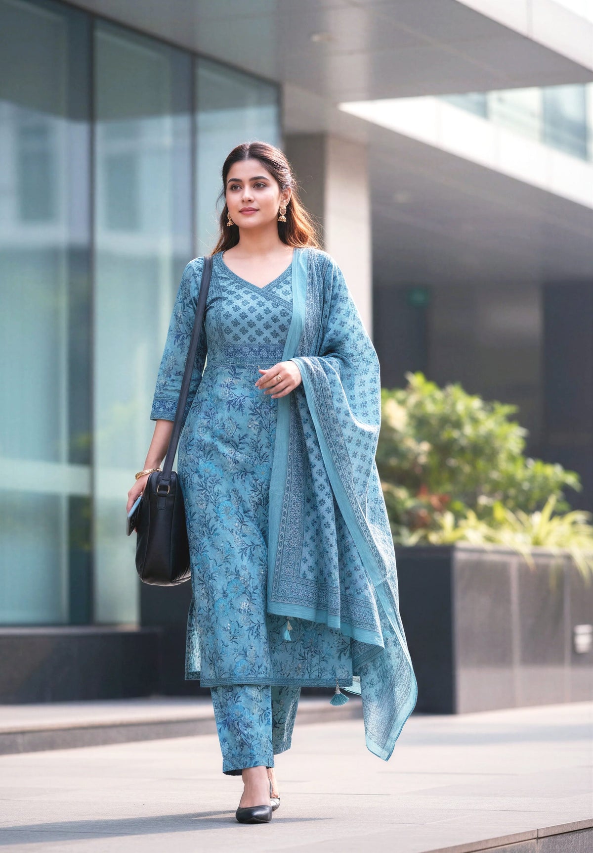 Anokhi Aasman — pastel blue cotton suit with embellished yoke border — Ivory Hues, Indian ethnic wear Singapore