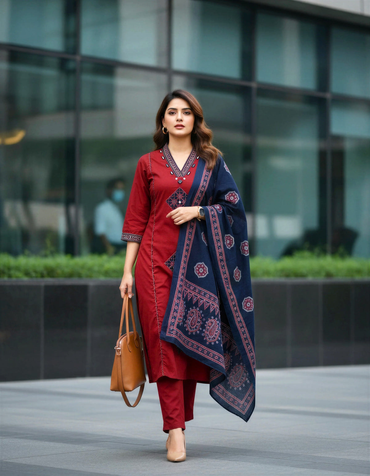 Anokhi Lata — red and black cotton suit with applique and mirror embellishment — Ivory Hues, Indian ethnic wear Singapore