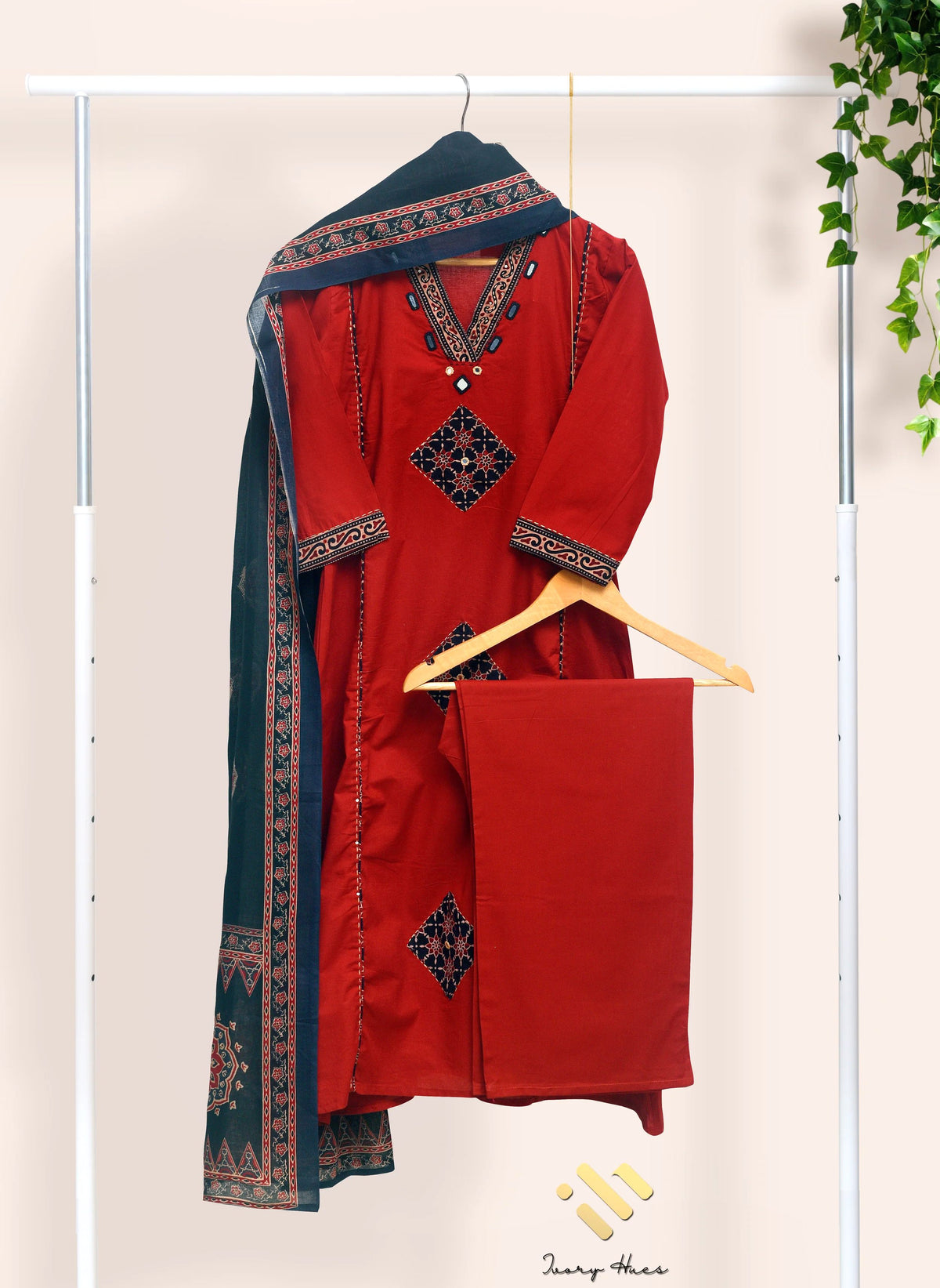 Anokhi Lata — red and black cotton suit with applique and mirror embellishment — Ivory Hues, Indian ethnic wear Singapore