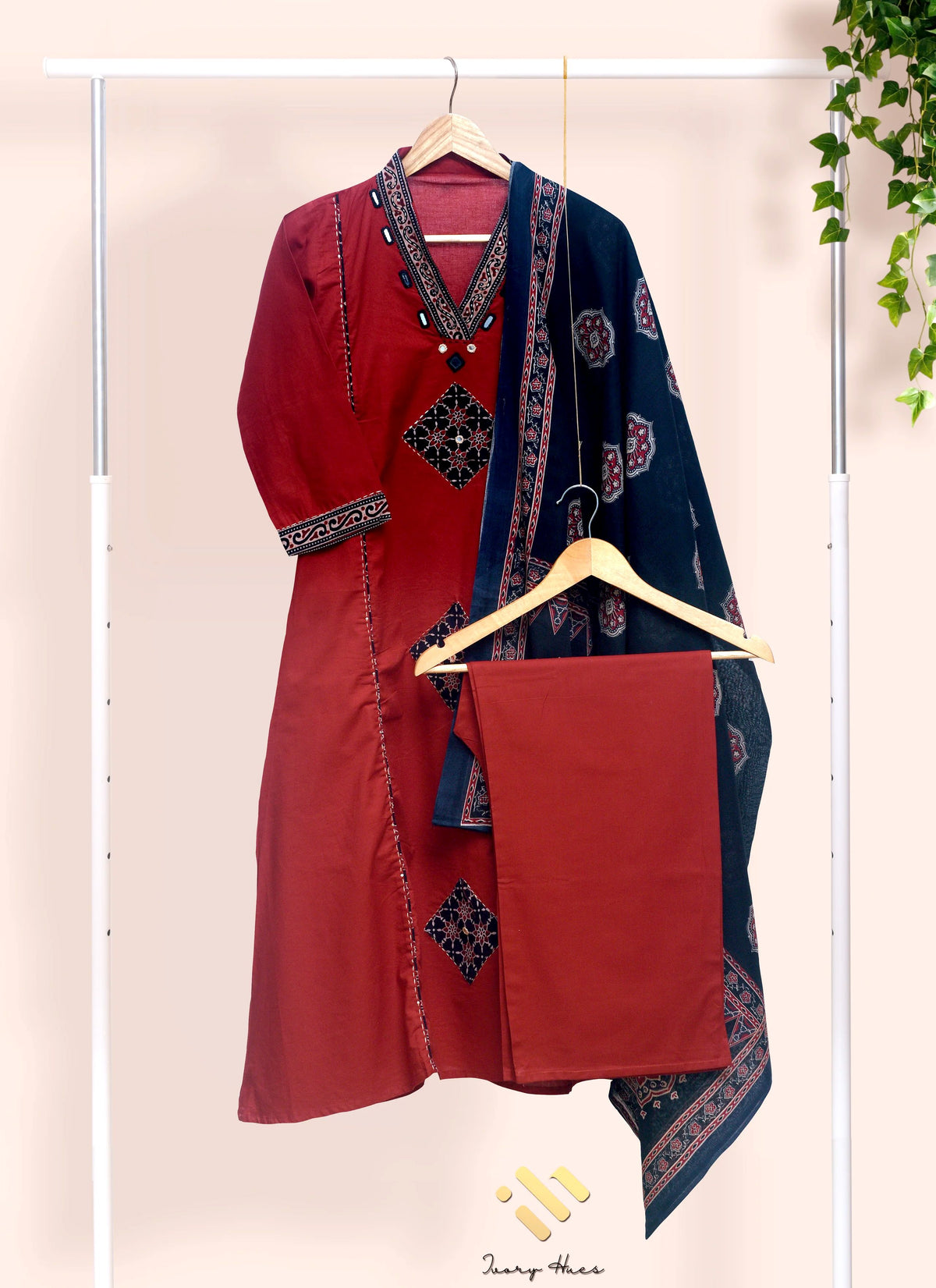 Anokhi Lata — red and black cotton suit with applique and mirror embellishment — Ivory Hues, Indian ethnic wear Singapore