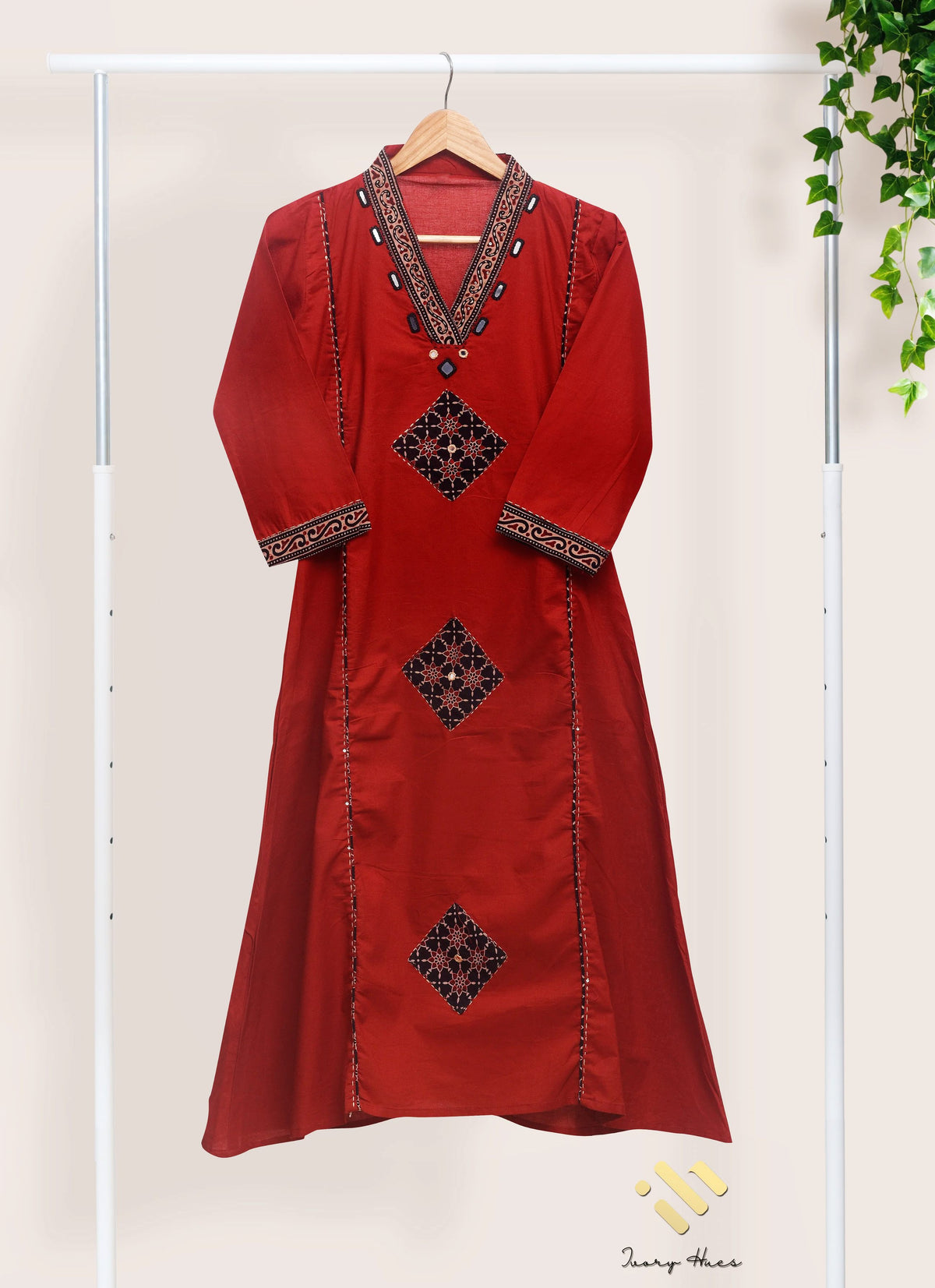 Anokhi Lata — red and black cotton suit with applique and mirror embellishment — Ivory Hues, Indian ethnic wear Singapore