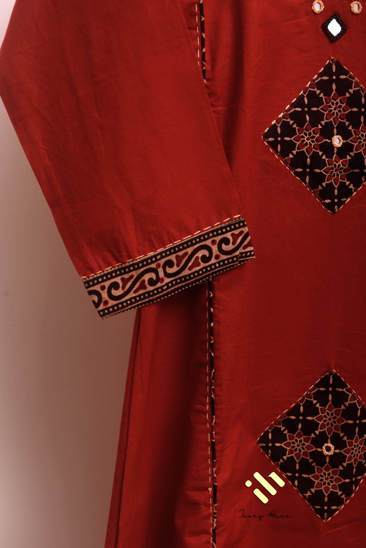 Anokhi Lata — red and black cotton suit with applique and mirror embellishment — Ivory Hues, Indian ethnic wear Singapore