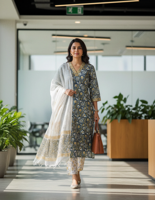 Ivory Hues Anokhi Nandini handblock print cotton kurta set — Indian ethnic wear Singapore