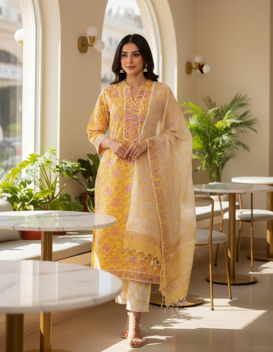 Ivory Hues Anokhi Taal handblock print cotton kurta set — Indian ethnic wear Singapore