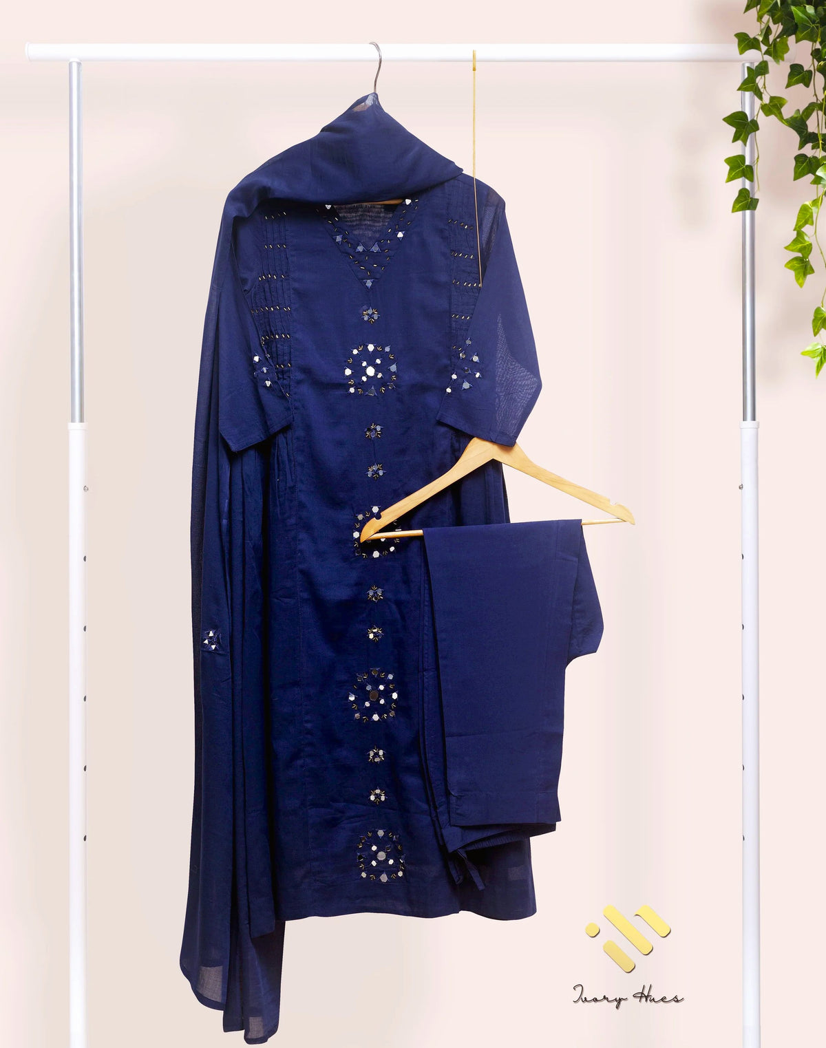 Anokhi Aaina — navy blue mul cotton suit with mirror and bead detailing — Ivory Hues, Indian ethnic wear Singapore