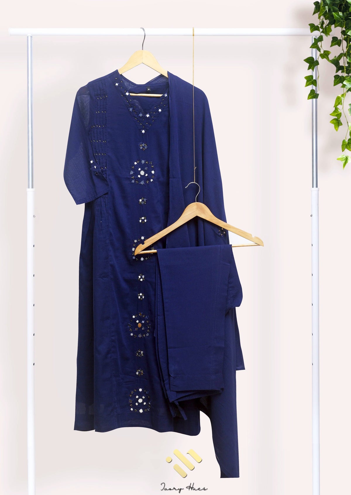 Anokhi Aaina — navy blue mul cotton suit with mirror and bead detailing — Ivory Hues, Indian ethnic wear Singapore