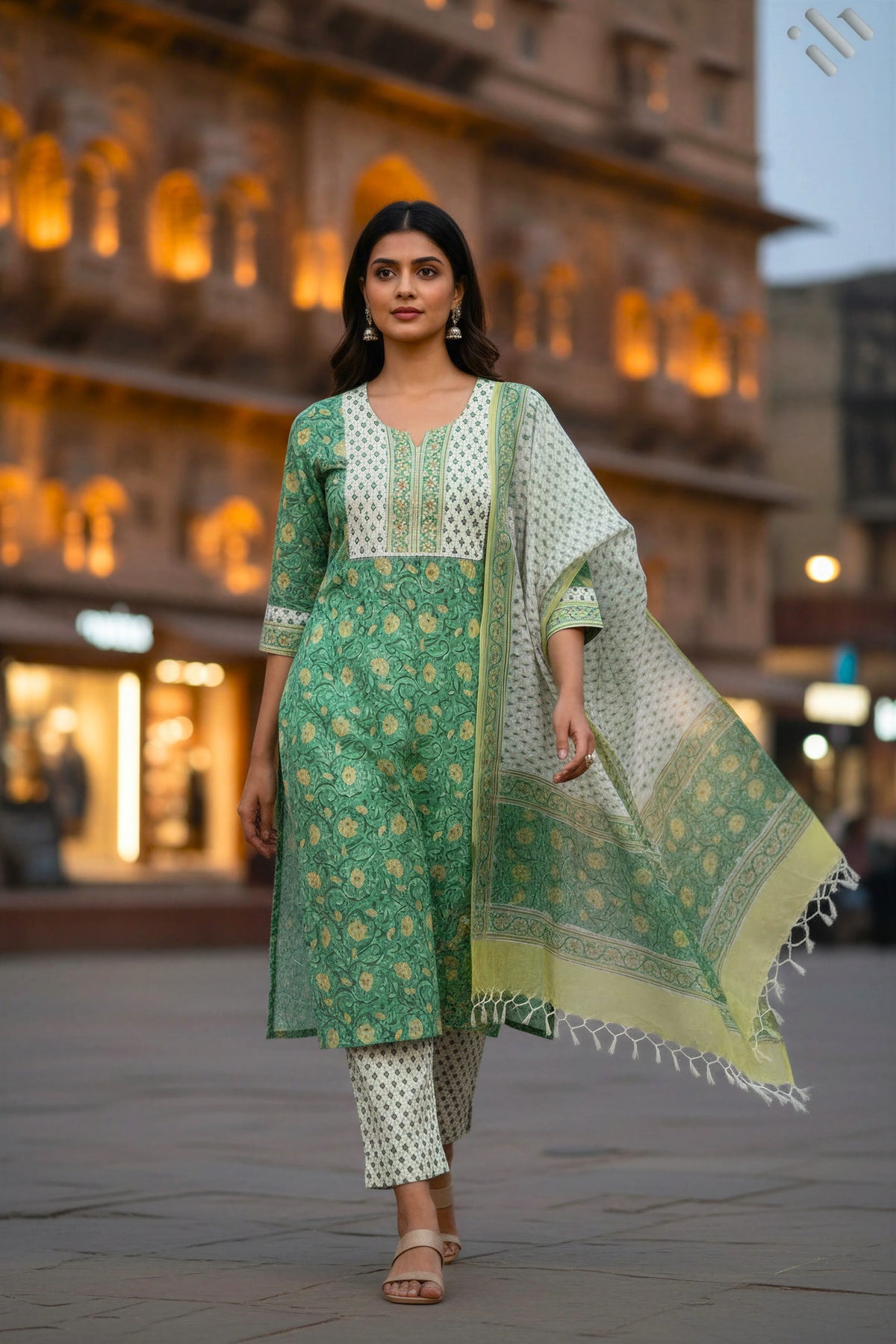 Kota Kainaat Sehr — parrot green Kota doria suit with handblock print — Ivory Hues, Indian ethnic wear Singapore