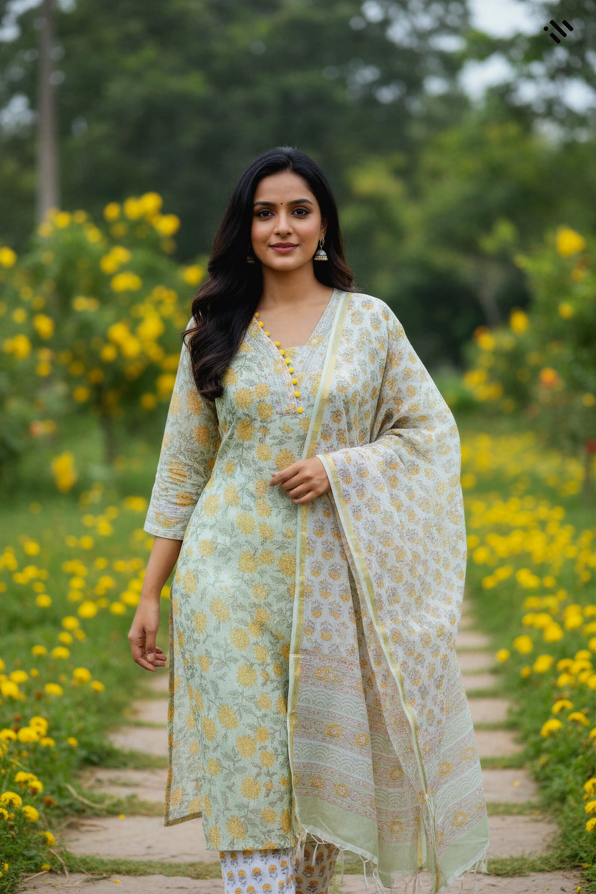 Kota Kainaat Hoor — mint green Kota doria suit with contrast potli buttons — Ivory Hues, Indian ethnic wear Singapore
