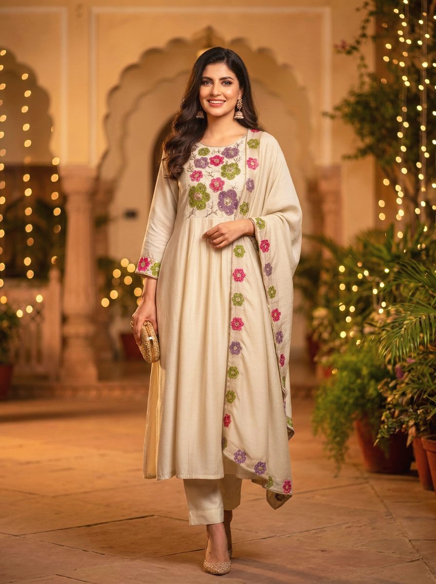 Noor Aria — off-white mul Chanderi suit with colorful floral embroidery — Ivory Hues, Indian ethnic wear Singapore