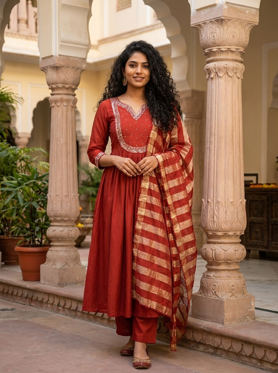 Noor Jwala — deep rust mul Chanderi suit with sequin-edged dupatta — Ivory Hues, Indian ethnic wear Singapore