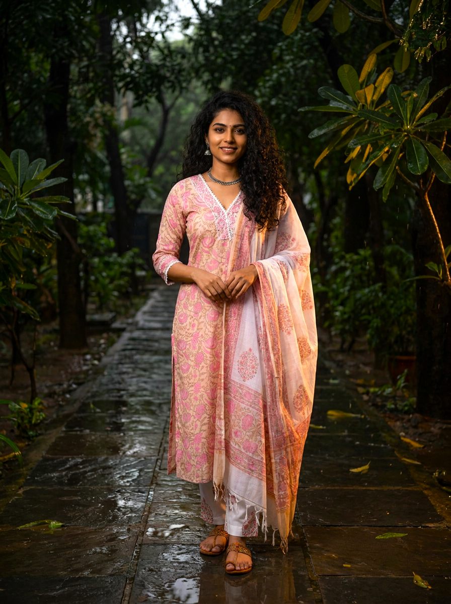 Anokhi Chahat — pink and peach cotton suit with floral handblock prints — Ivory Hues, Indian ethnic wear Singapore