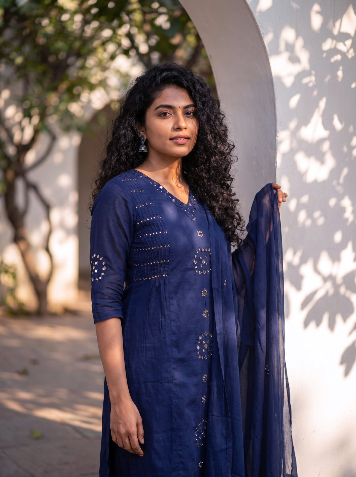 Anokhi Aaina — navy blue mul cotton suit with mirror and bead detailing — Ivory Hues, Indian ethnic wear Singapore