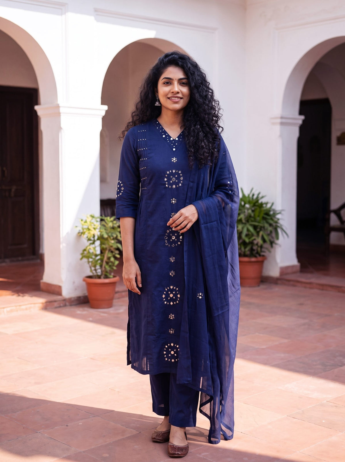 Anokhi Aaina — navy blue mul cotton suit with mirror and bead detailing — Ivory Hues, Indian ethnic wear Singapore
