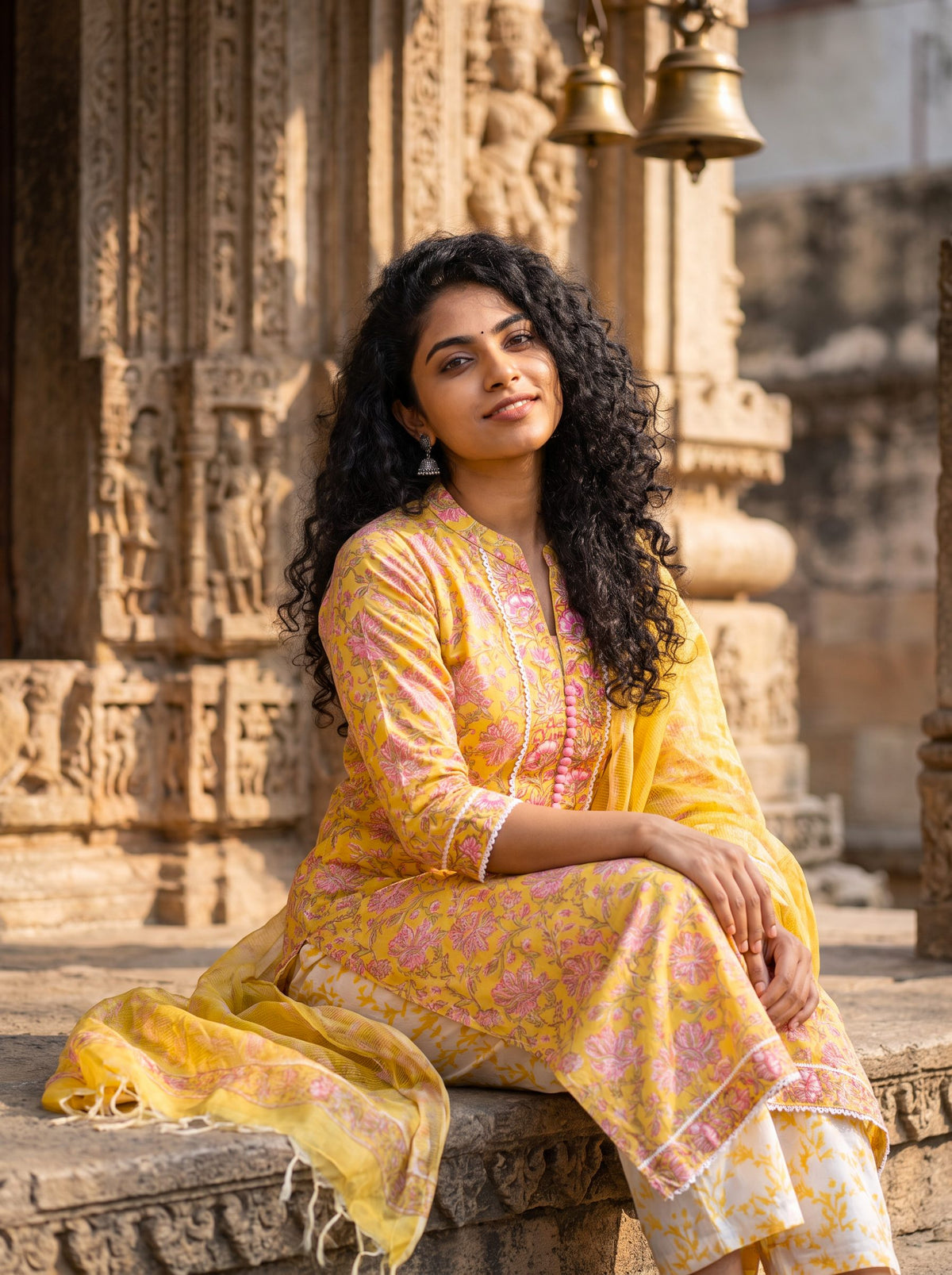 Anokhi Taal — yellow and pink cotton suit with floral handblock prints — Ivory Hues, Indian ethnic wear Singapore