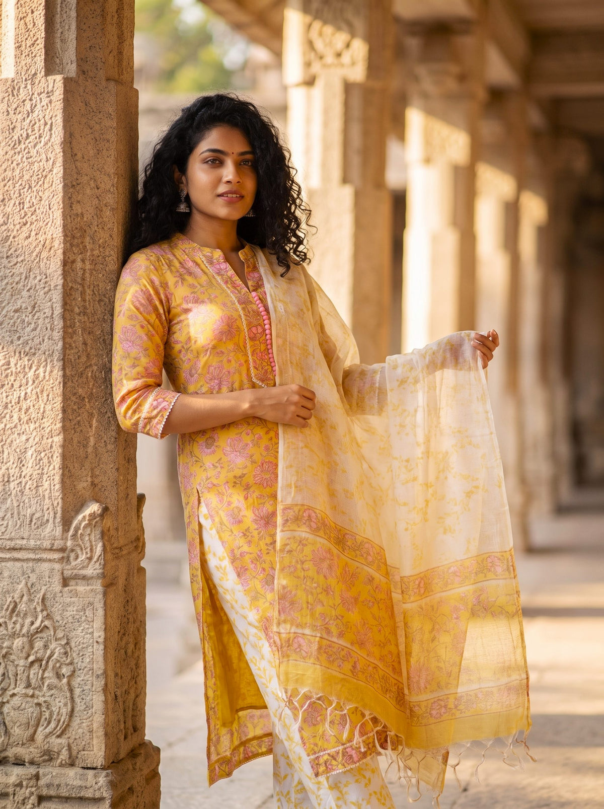 Anokhi Taal — yellow and pink cotton suit with floral handblock prints — Ivory Hues, Indian ethnic wear Singapore