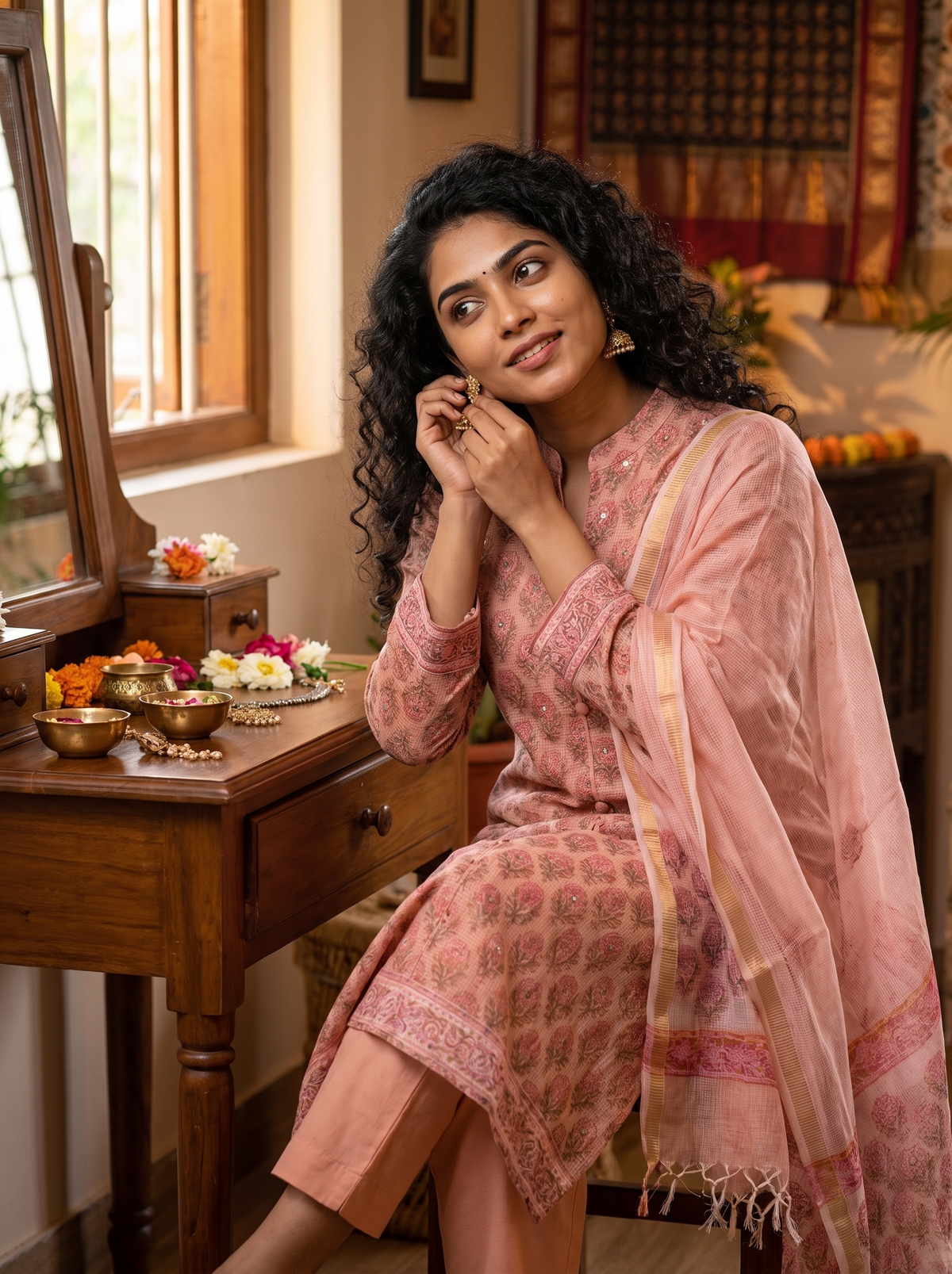Kota Kainaat Aaliya — peach Kota doria suit with floral handblock print — Ivory Hues, Indian ethnic wear Singapore